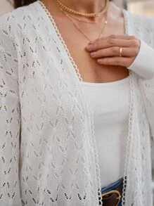 SHEIN Frenchy Pointelle Knit Open Front Coat Winter White Casual - White - View 2