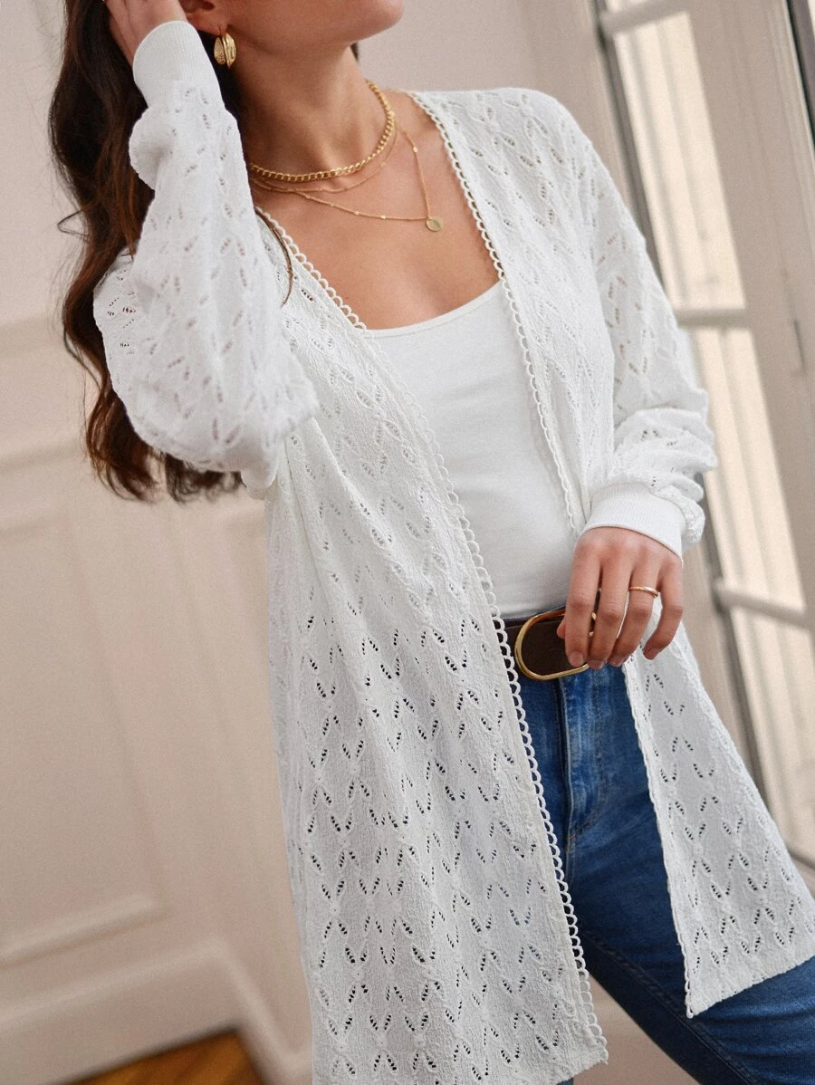 SHEIN Frenchy Pointelle Knit Open Front Coat Winter White Casual - White - View 1