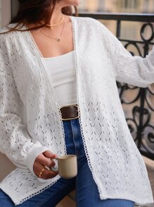 SHEIN Frenchy Pointelle Knit Open Front Coat Winter White Casual - White - View 4