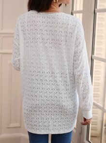 SHEIN Frenchy Pointelle Knit Open Front Coat Winter White Casual - White - View 5