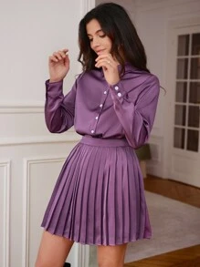 SHEIN Frenchy Solid Button Front Blouse & Pleated Skirt Elegant Purple