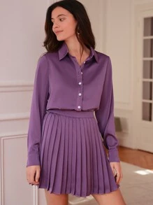 SHEIN Frenchy Solid Button Front Blouse & Pleated Skirt Elegant Purple