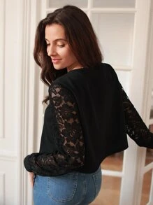 SHEIN Frenchy 蕾絲拼接開門襟夾克 - 黑色 - 查看 6