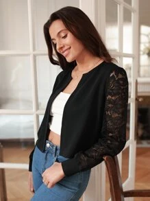 SHEIN Frenchy 蕾絲拼接開門襟夾克 - 黑色 - 查看 3