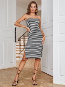 SHEIN Essnce Striped Split Thigh Tube Dress - Black and White - View 1