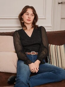 SHEIN Frenchy Glitter Mesh Flounce Sleeve Ruffle Hem Blouse - Black - View 1