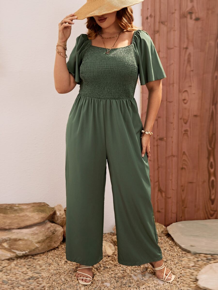 Breezaya 大碼蝴蝶袖闊腿連體褲 - 軍綠色 - 查看 1