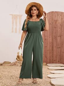 Breezaya 大碼蝴蝶袖闊腿連體褲 - 軍綠色 - 查看 5