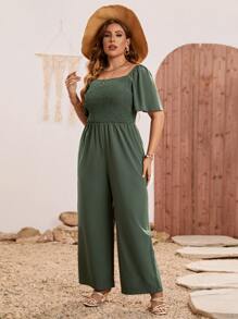 Breezaya 大碼蝴蝶袖闊腿連體褲 - 軍綠色 - 查看 6
