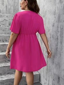 Celure Đầm Plus Size Thắt nút màu trơn Boho - Màu Hồng Tươi - Xem 2
