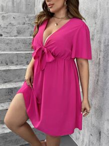 Celure Đầm Plus Size Thắt nút màu trơn Boho - Màu Hồng Tươi - Xem 4