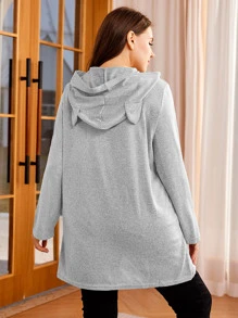 SHEIN LUNE Capucha con estampado de dibujos animados con diseño de orejas 3D bajo irregular con cordón - Gris - Ver 3