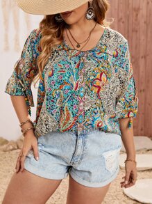 Breezaya Plus Paisley Print Frill Trim Blouse - Multicolor - View 1