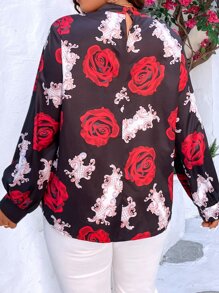 SHEIN Holidaya Plus Floral Print Keyhole Neckline Lantern Sleeve Blouse - Multicolor - View 2
