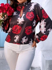 SHEIN Holidaya Plus Floral Print Keyhole Neckline Lantern Sleeve Blouse - Multicolor - View 5