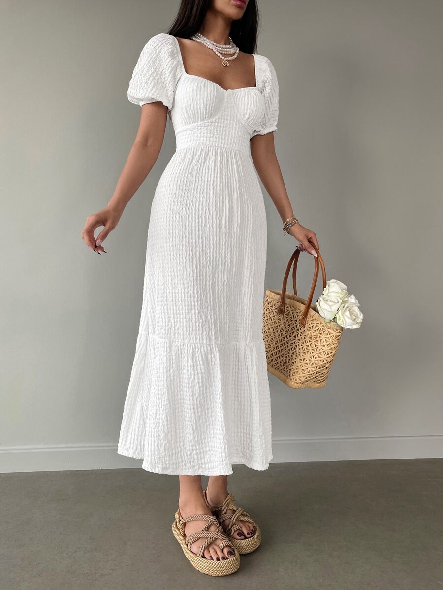 RueChic Sweetheart Neck Puff Sleeve Ruffle Hem Dress - White - View 1