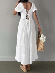 RueChic Sweetheart Neck Puff Sleeve Ruffle Hem Dress - White - View 2