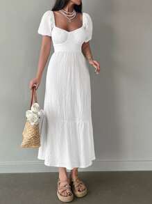 RueChic Sweetheart Neck Puff Sleeve Ruffle Hem Dress - White - View 3