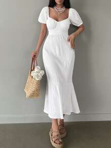 RueChic Sweetheart Neck Puff Sleeve Ruffle Hem Dress - White - View 4