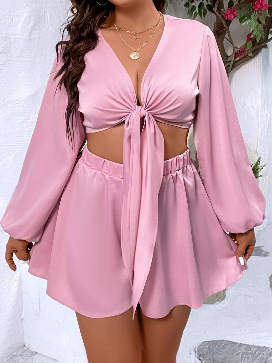 SHEIN Holidaya Plus Lantern Sleeve Knot Front Crop Top & Shorts - Baby Pink - View 1