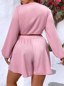SHEIN Holidaya Plus Lantern Sleeve Knot Front Crop Top & Shorts - Baby Pink - View 2