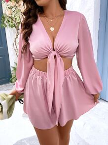 SHEIN Holidaya Plus Lantern Sleeve Knot Front Crop Top & Shorts - Baby Pink - View 5
