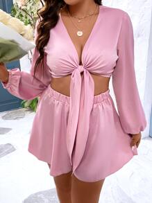 SHEIN Holidaya Plus Lantern Sleeve Knot Front Crop Top & Shorts - Baby Pink - View 6