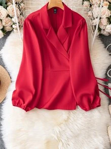 SHEIN LUNE Plus Lapel Neck Lantern Sleeve Blazer - Red - View 1