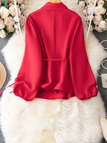 SHEIN LUNE Plus Lapel Neck Lantern Sleeve Blazer - Red - View 2