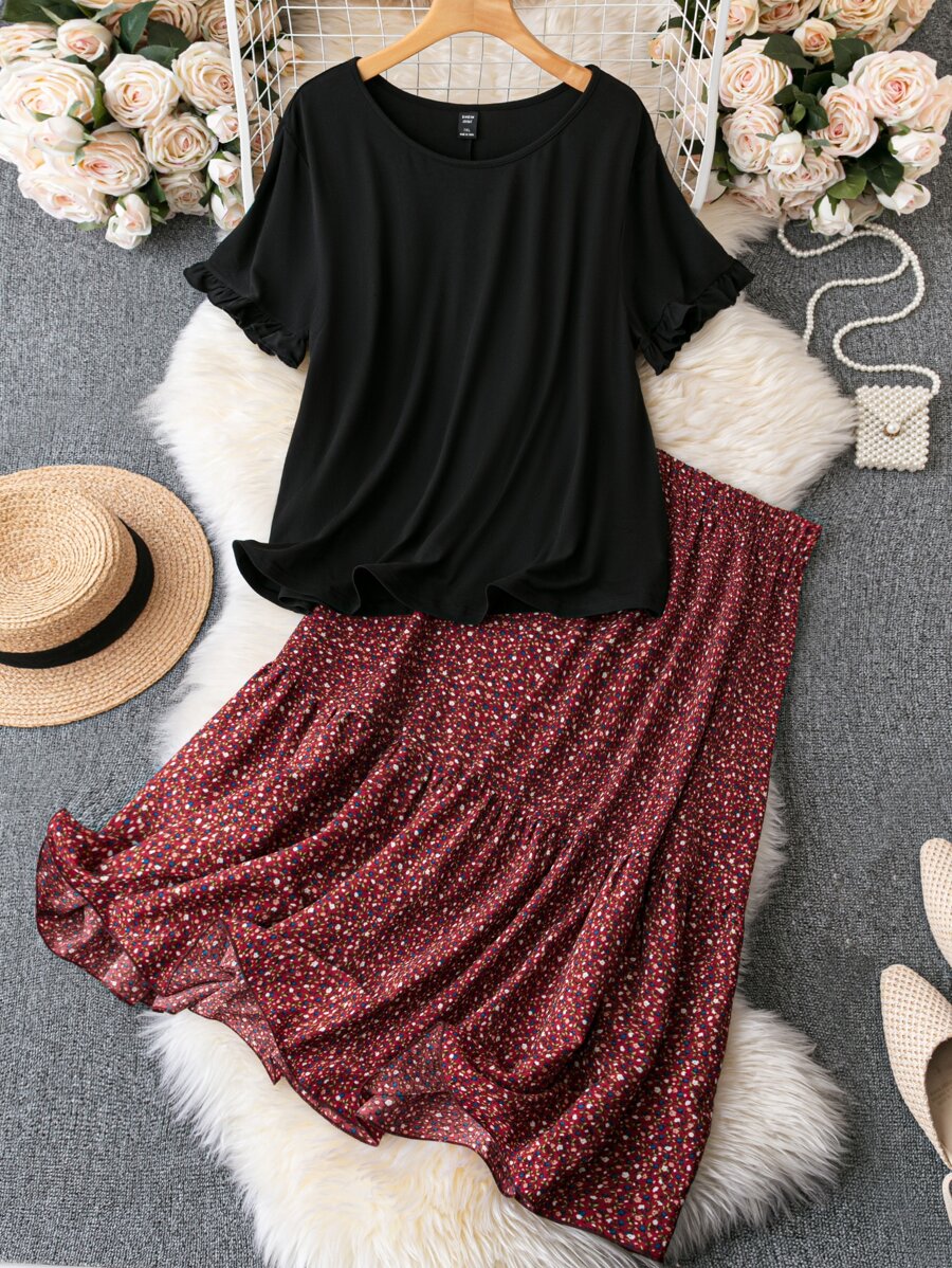 SHEIN LUNE Plus Solid Tee & Ditsy Floral Print Skirt - Multicolor - View 1
