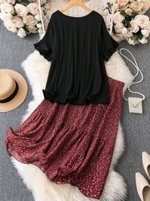 SHEIN LUNE Plus Solid Tee & Ditsy Floral Print Skirt - Multicolor - View 2