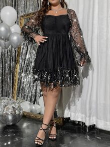 SHEIN Unity Đầm Plus Size Xù Viên lá sen Tương phản Mesh ghép mộng kim sa màu trơn Buổi tiệc - màu đen - Xem 5