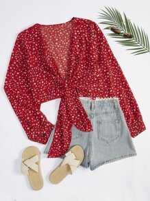 SHEIN Franclia Plus Ditsy Floral Print Tie Front Crop Top - Red - View 1