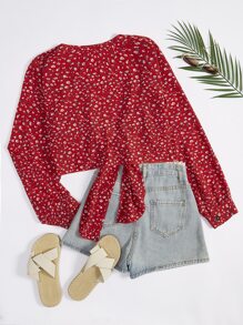 SHEIN Franclia Plus Ditsy Floral Print Tie Front Crop Top - Red - View 2