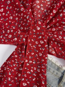 SHEIN Franclia Plus Ditsy Floral Print Tie Front Crop Top - Red - View 5