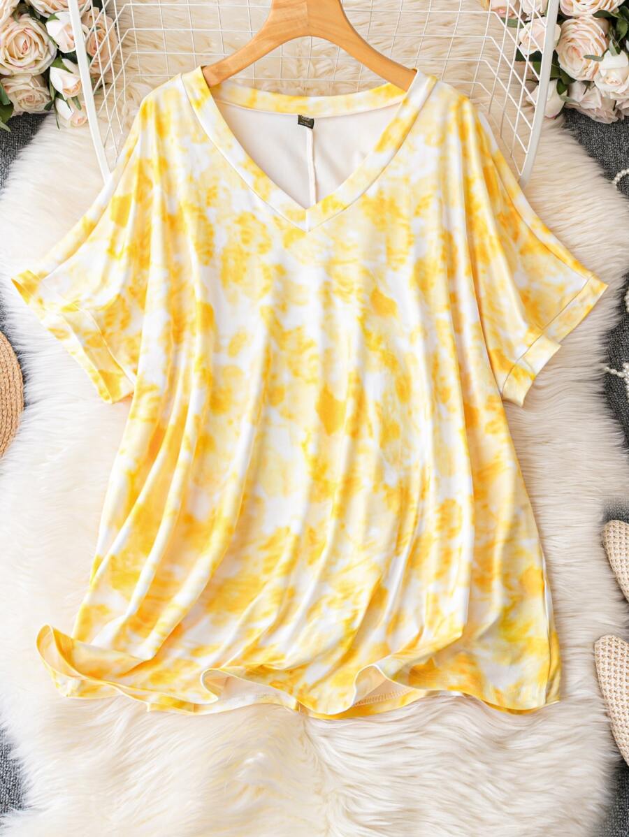 SHEIN LUNE Camiseta con estampado de manga murciélago - Amarillo - Ver 1