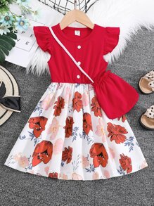 Toddler Girls Floral Print Ruffle Trim Dress & Bag - Multicolor - View 1