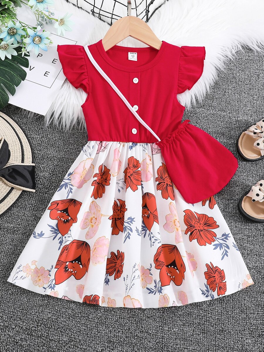 Toddler Girls Floral Print Ruffle Trim Dress & Bag - Multicolor - View 1
