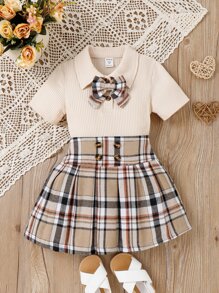 SHEIN 年輕女孩弓型t恤和格紋百褶裙 - 彩色 - 查看 1