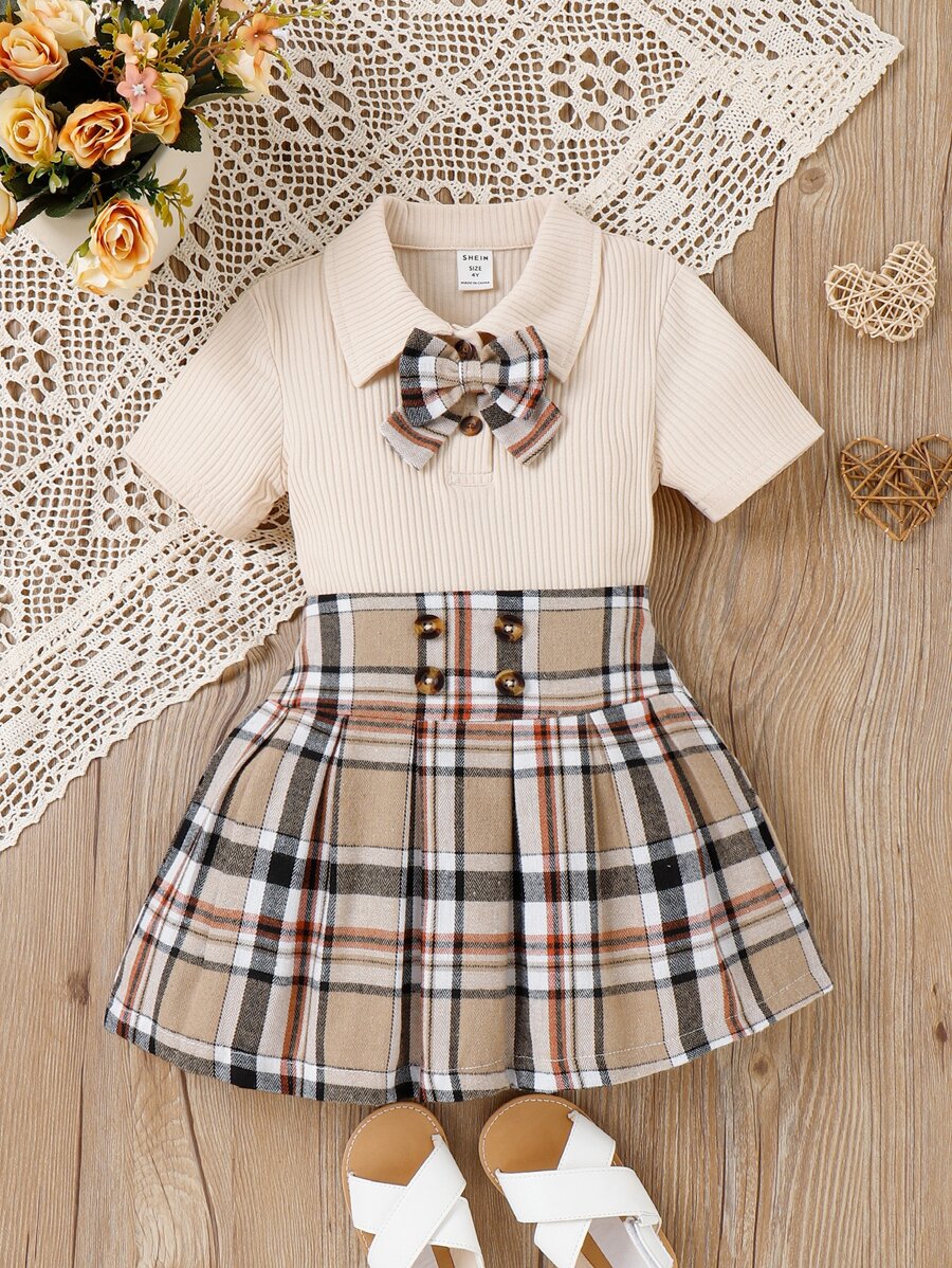SHEIN 年輕女孩弓型t恤和格紋百褶裙 - 彩色 - 查看 1
