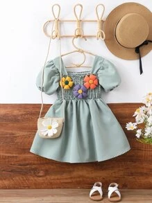 Toddler Girls Floral Patched Puff Sleeve Smock Dress - Green - View 1