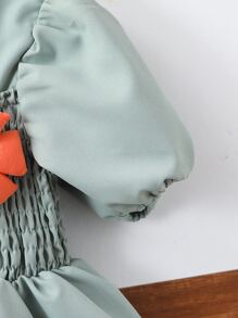 Toddler Girls Floral Patched Puff Sleeve Smock Dress - Green - View 3