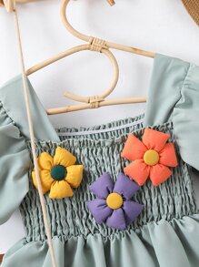 Toddler Girls Floral Patched Puff Sleeve Smock Dress - Green - View 5