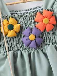 Toddler Girls Floral Patched Puff Sleeve Smock Dress - Green - View 6