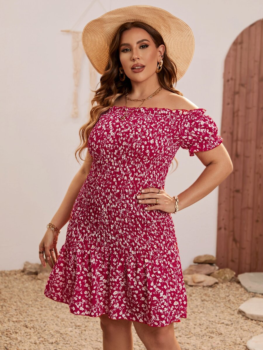 SHEIN Holidaya Vestido floral de hombros descubiertos con fruncido bajo con fruncido - Rojo y blanco - Ver 1