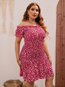 SHEIN Holidaya Vestido floral de hombros descubiertos con fruncido bajo con fruncido - Rojo y blanco - Ver 6