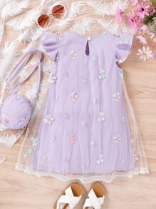 SHEIN Toddler Girls Floral Embroidery Mesh Overlay Ruffle Sleeve Dress With Bag - Lilac Purple - View 2