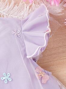 SHEIN Toddler Girls Floral Embroidery Mesh Overlay Ruffle Sleeve Dress With Bag - Lilac Purple - View 3