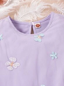 SHEIN Toddler Girls Floral Embroidery Mesh Overlay Ruffle Sleeve Dress With Bag - Lilac Purple - View 5