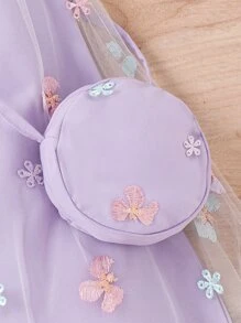 SHEIN Toddler Girls Floral Embroidery Mesh Overlay Ruffle Sleeve Dress With Bag - Lilac Purple - View 7